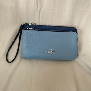 Coach Double Zip Leather Wristlet – Light Blue (NWT + Box)